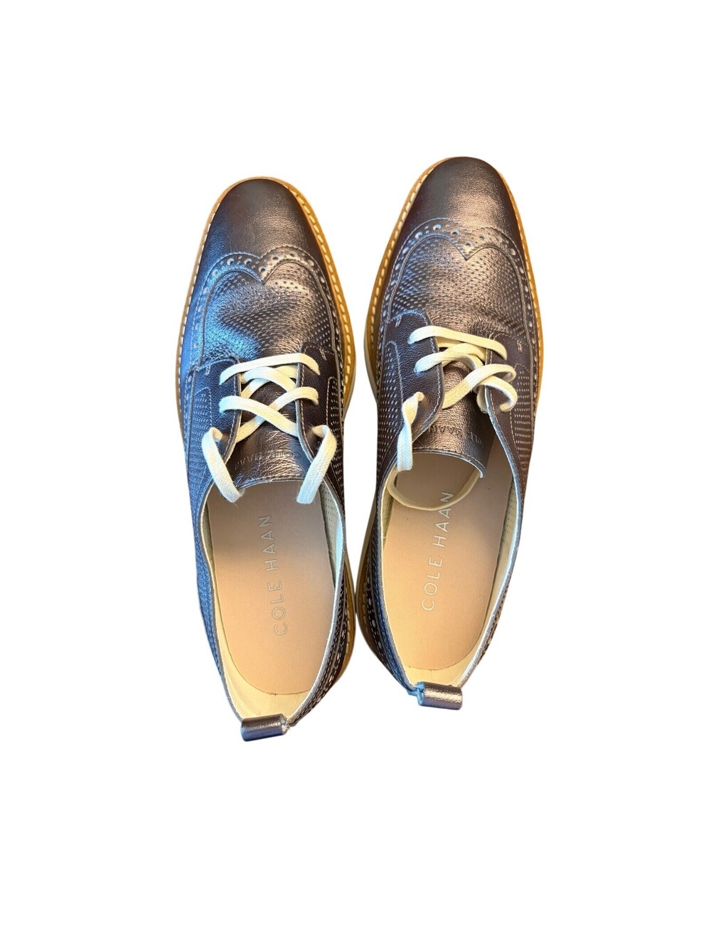 Cole Haan ZerøGrand Wingtip Oxford Shoes Metallic Pewter Leather Women's 9.5
